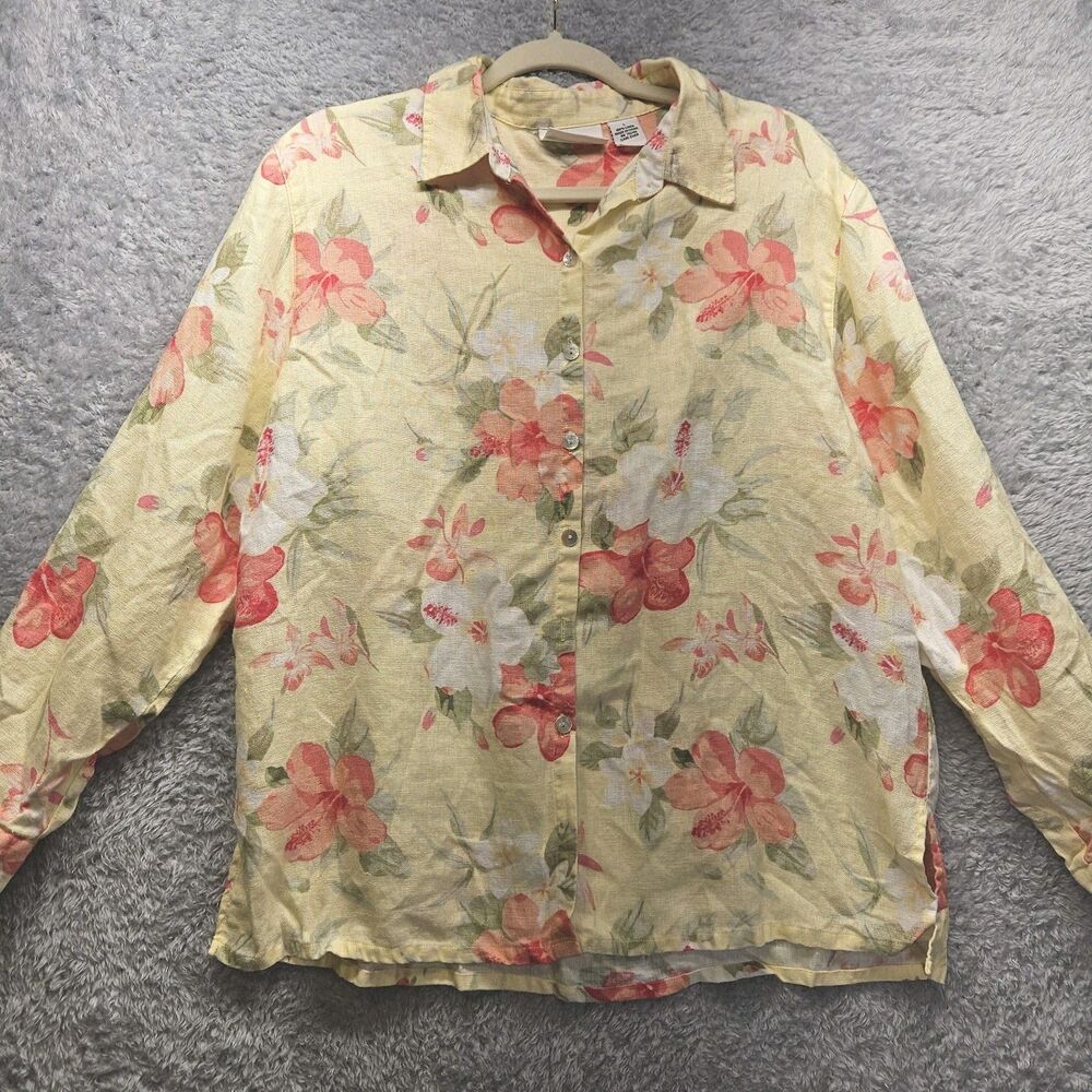 Parisian Works Womens Yellow Floral 100% Linen Button Up Blouse Large Hawaiian
